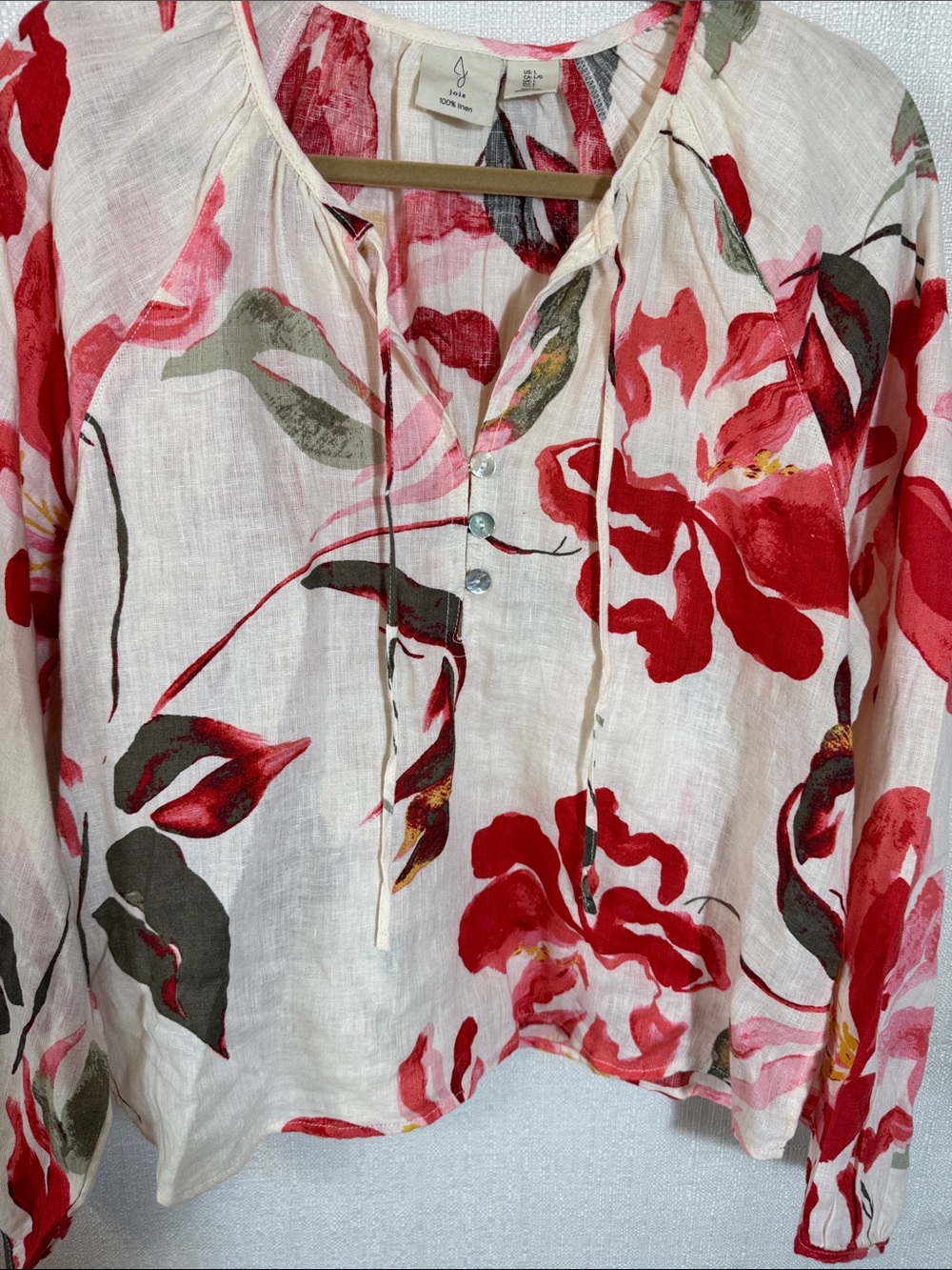 Joie 100% Linen Floral Blouse Button Front Lightweight Boho Top Sz Large - Picture 3 of 11